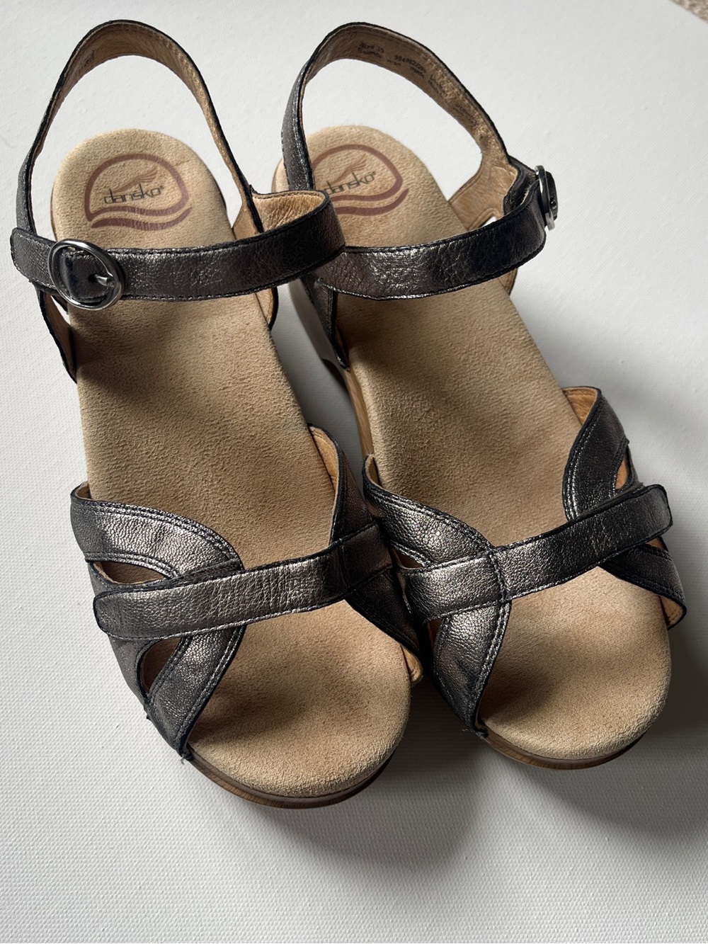Dansko Metallic Pewter Leather Slingback Sandals